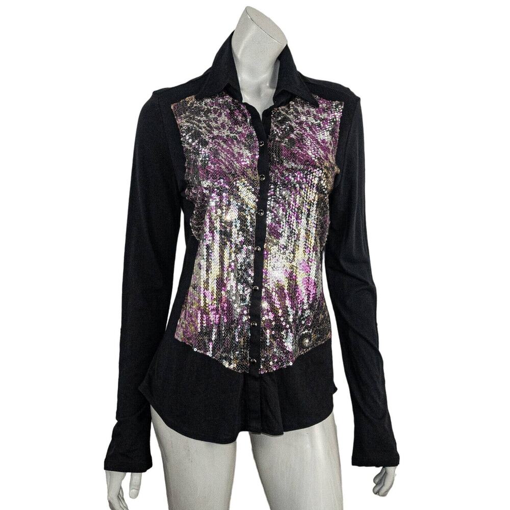 David Cline Sequin Front Button Up Blouse Black S… - image 4